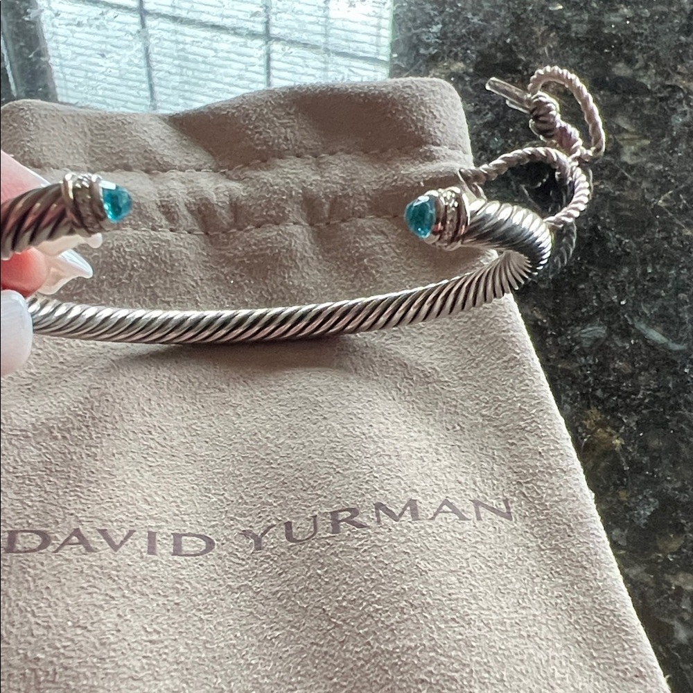 Auth David Yurman 5mm Blue Topaz/diamond Sterling Silver Cable Cuff. Medium